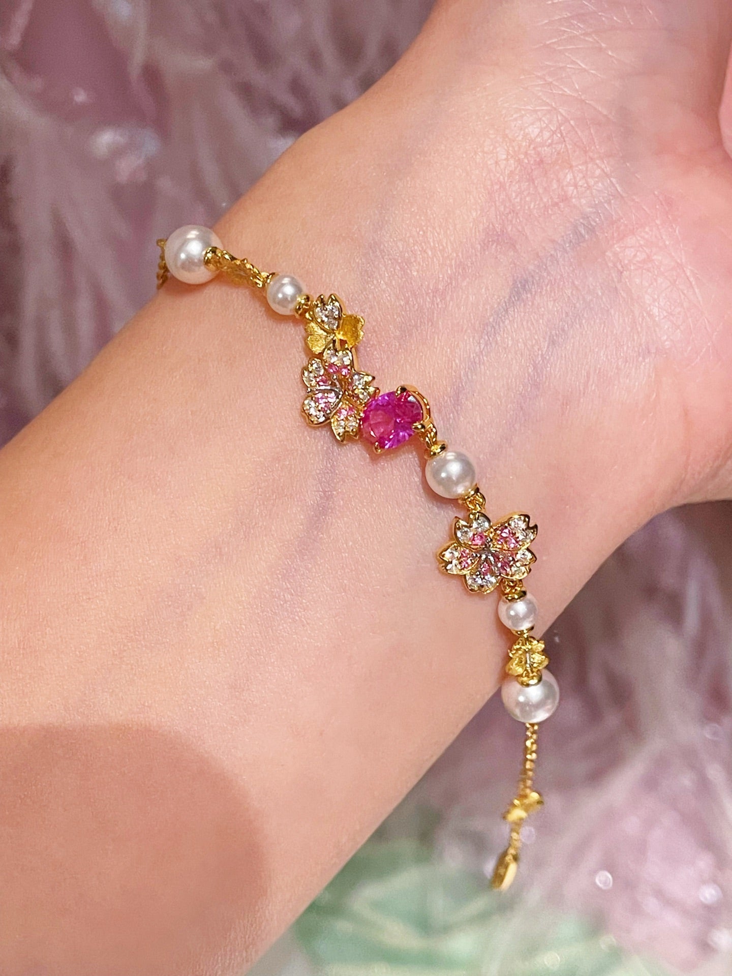 Pink Sapphire Floral Pearl Bracelet - floysun