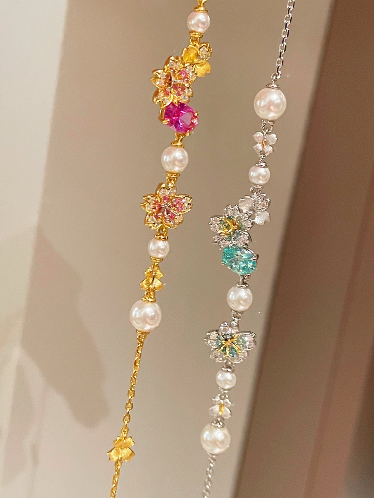 Pink Sapphire Floral Pearl Bracelet - floysun