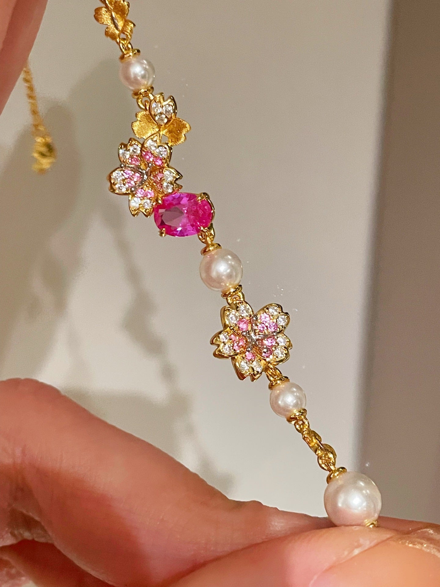 Pink Sapphire Floral Pearl Bracelet - floysun