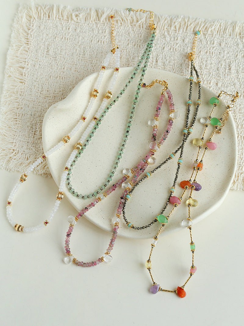 Pink Tourmaline & Clear Quartz Beaded Necklace - floysun