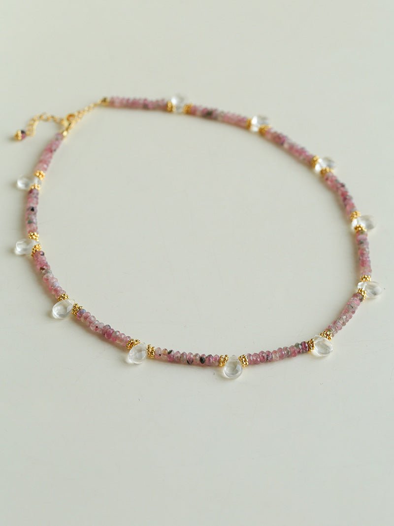 Pink Tourmaline & Clear Quartz Beaded Necklace - floysun
