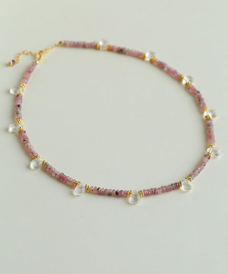 Pink Tourmaline & Clear Quartz Beaded Necklace - floysun