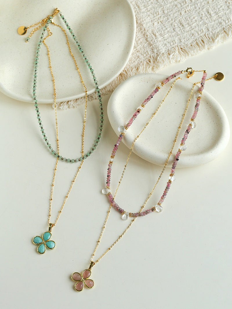 Pink Tourmaline & Clear Quartz Beaded Necklace - floysun