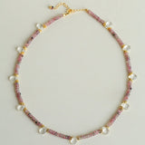 Pink Tourmaline & Clear Quartz Beaded Necklace - floysun