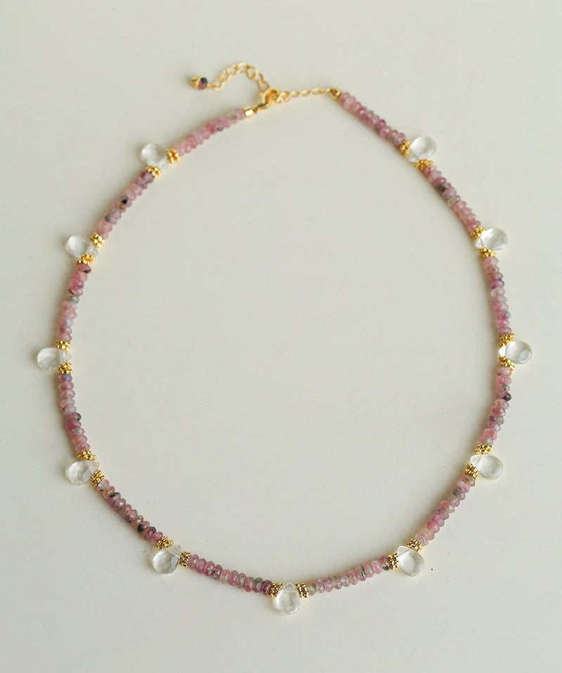 Pink Tourmaline & Clear Quartz Beaded Necklace - floysun