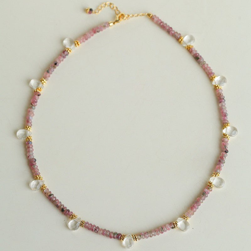 Pink Tourmaline & Clear Quartz Beaded Necklace - floysun