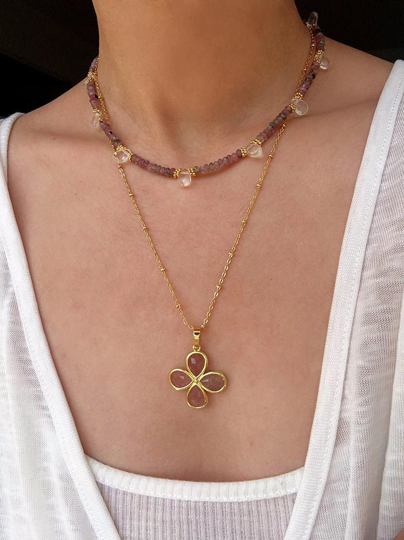 Pink Tourmaline & Clear Quartz Beaded Necklace - floysun