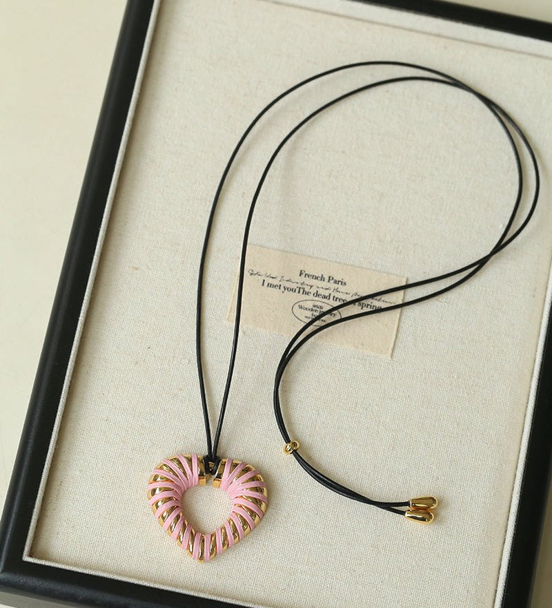 Pink Woven Heart Necklace – Sweet & Edgy Adjustable Cord Jewelry - floysun