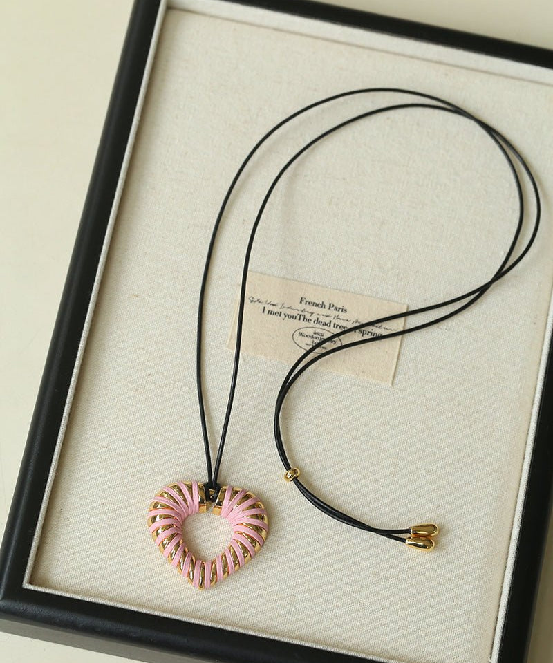 Pink Woven Heart Necklace – Sweet & Edgy Adjustable Cord Jewelry - floysun