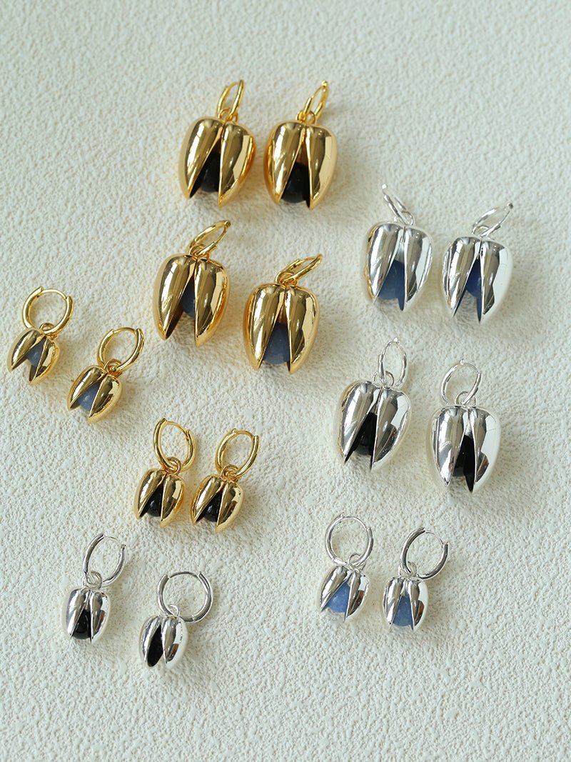 Pistachio Bloom & Natural Stone Bud Earrings - Silver - floysun