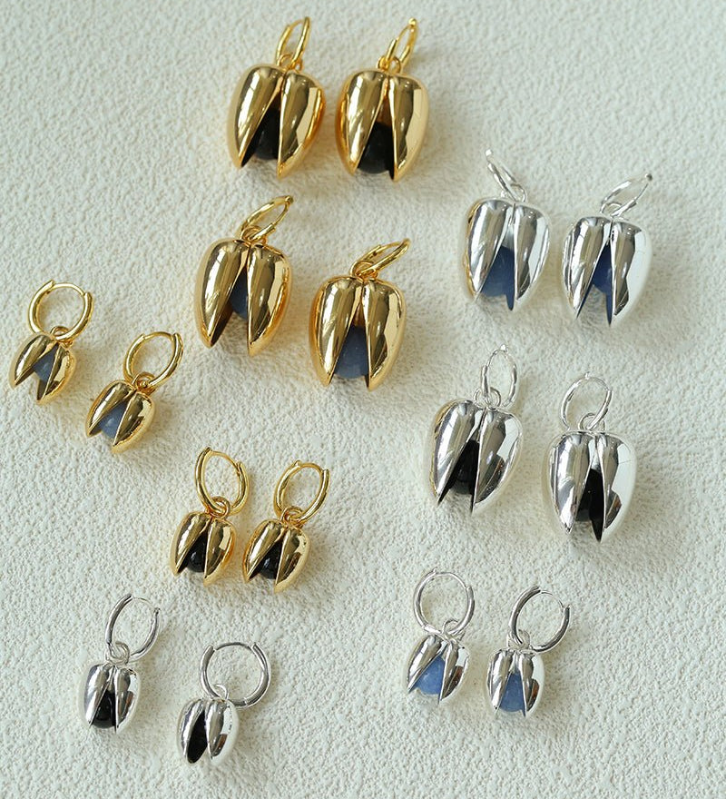 Pistachio Bloom & Natural Stone Bud Earrings - Silver - floysun