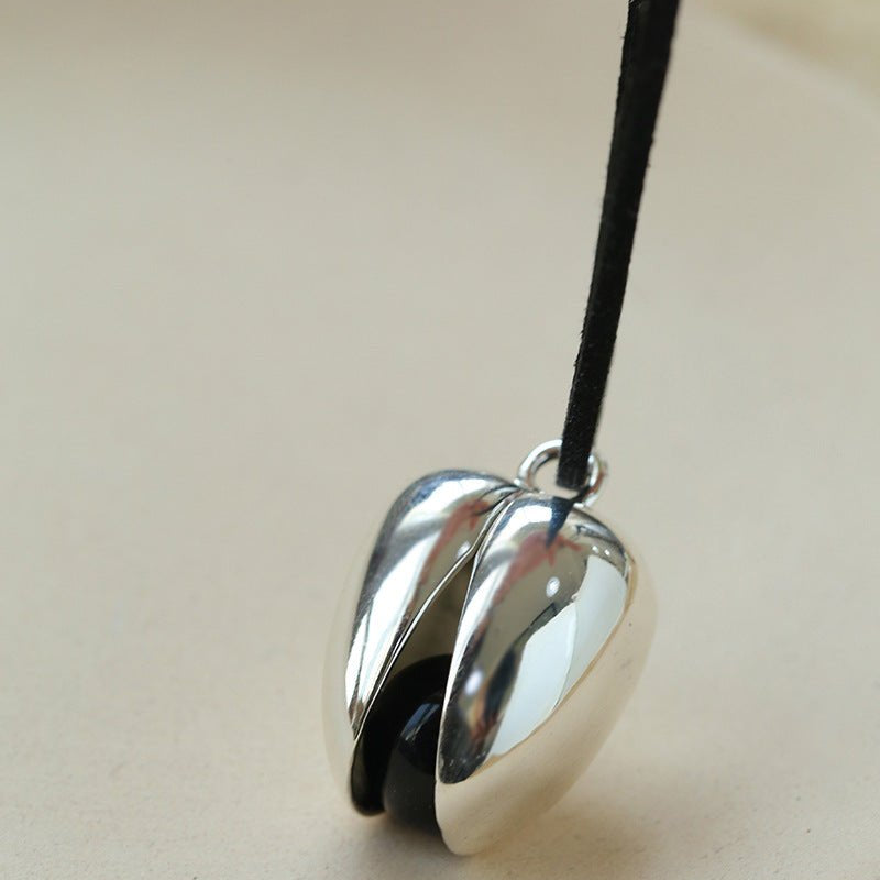 Pistachio Bloom & Onyx Black Cord Pendant Necklace - Silver - floysun
