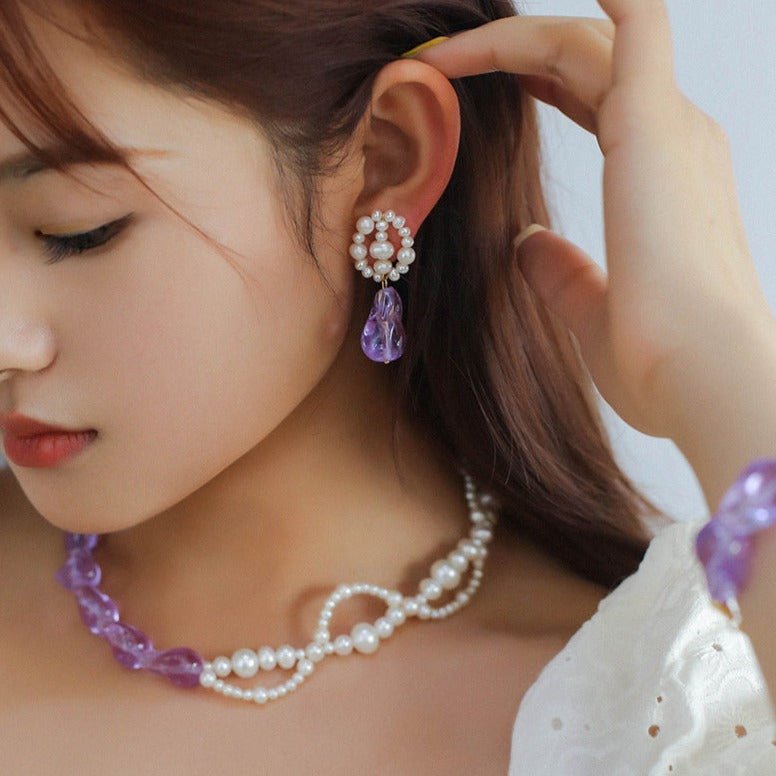 Purple Baroque Glass & Pearl Drop Earrings - floysun