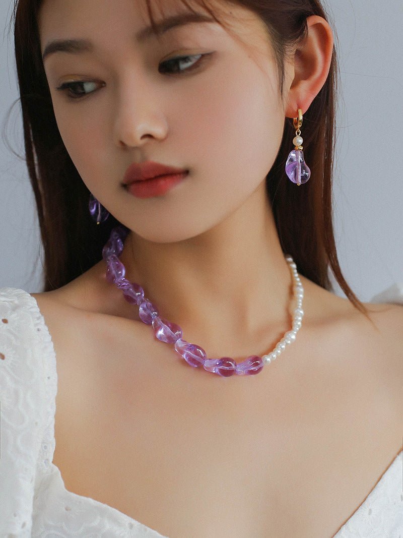Purple Baroque Glass Single Layer Pearl Necklace - floysun