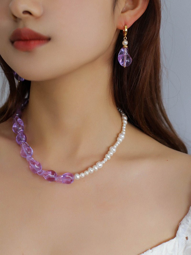 Purple Baroque Glass Single Layer Pearl Necklace - floysun