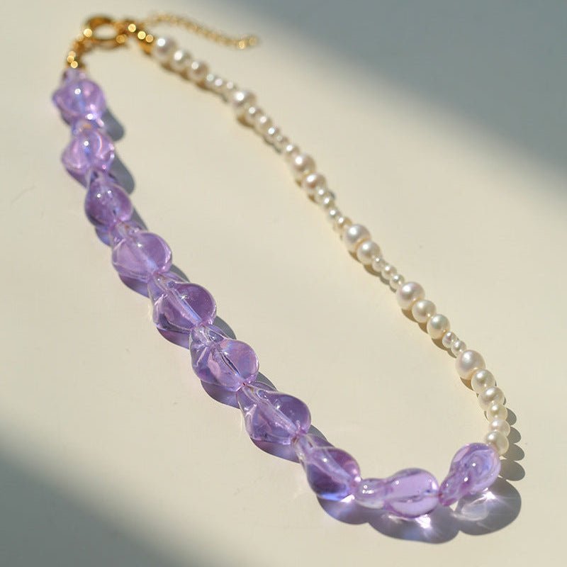 Purple Baroque Glass Single Layer Pearl Necklace - floysun