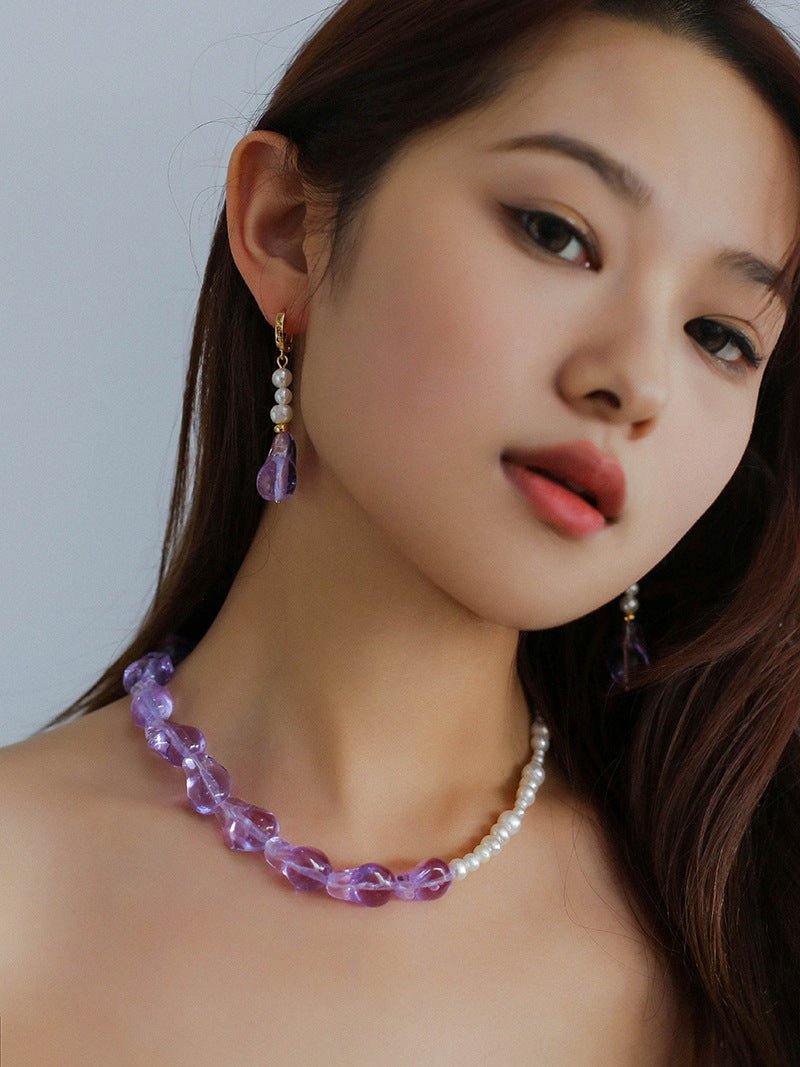 Purple Baroque Glass Single Layer Pearl Necklace - floysun