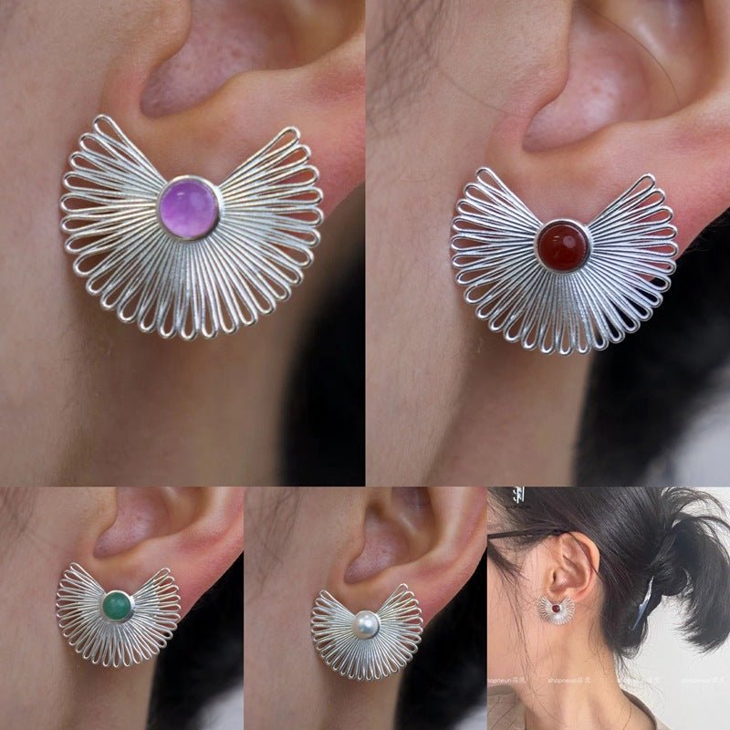 Radiating Single Fan - shaped Natural Stone Stud Earrings - floysun