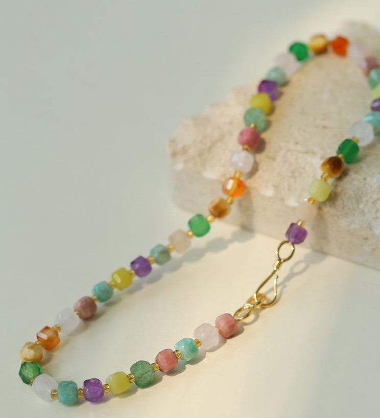 Rainbow Candy Cube Gemstone Beaded Necklace - floysun