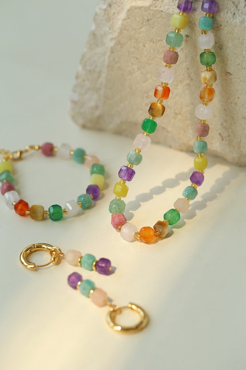 Rainbow Candy Cube Gemstone Beaded Necklace - floysun