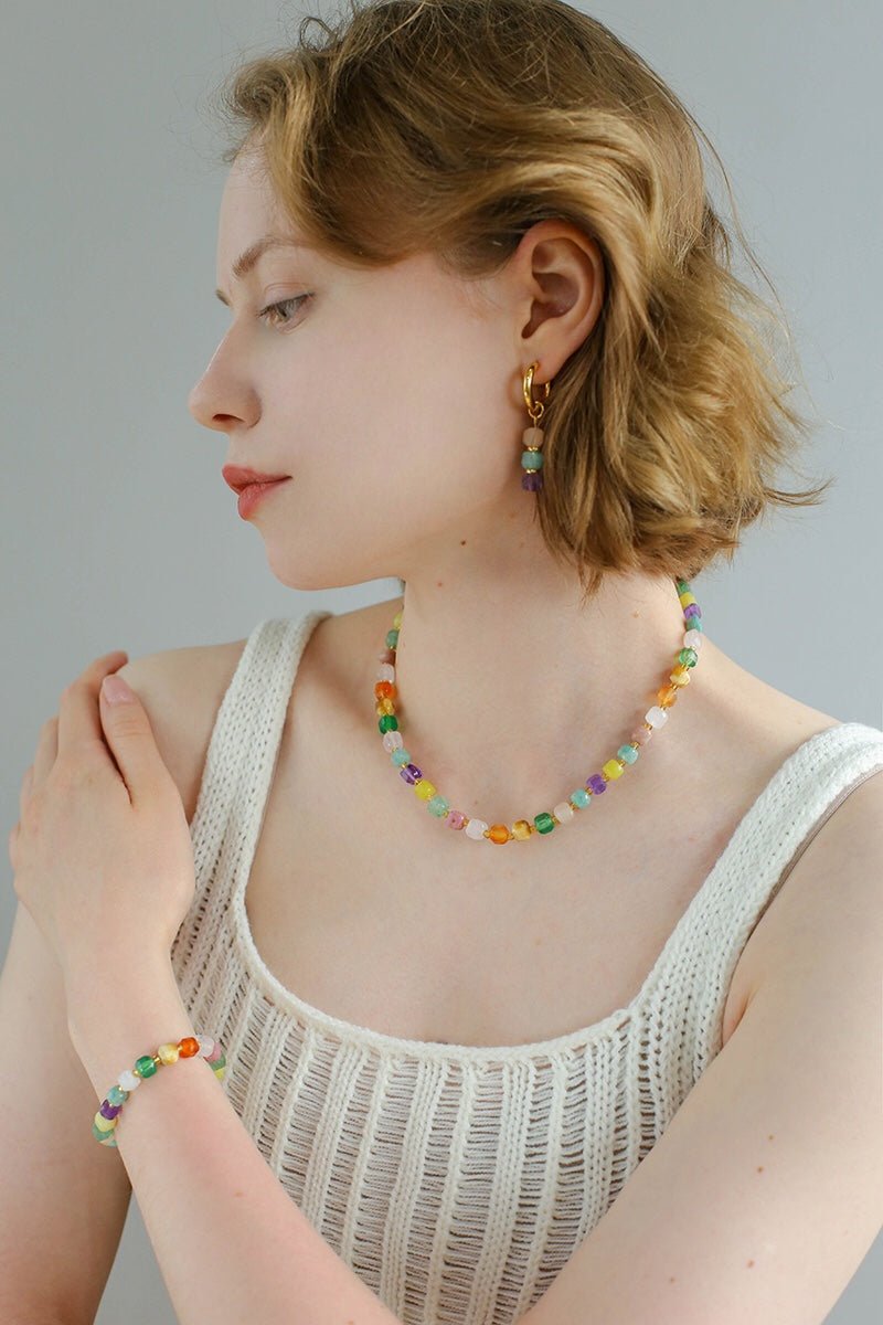 Rainbow Candy Cube Gemstone Beaded Necklace - floysun