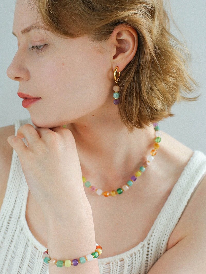 Rainbow Candy Cube Gemstone Beaded Necklace - floysun