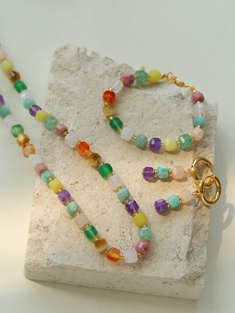 Rainbow Candy Cube Gemstone Beaded Necklace - floysun