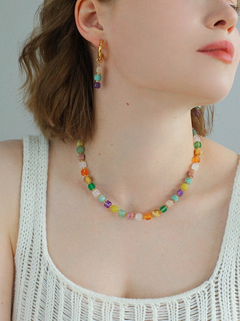 Rainbow Candy Cube Gemstone Drop Hoop Earrings - floysun