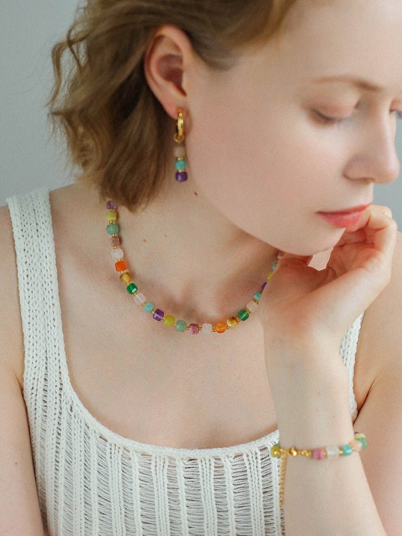 Rainbow Candy Cube Gemstone Drop Hoop Earrings - floysun