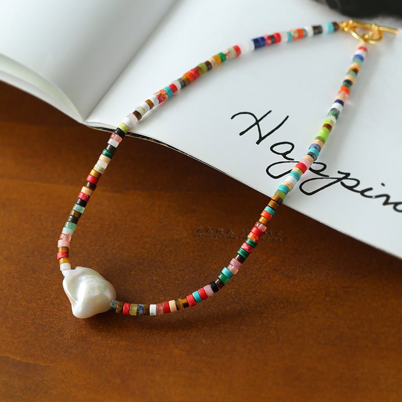 Rainbow Natural Stone Beaded Necklace with Baroque Pearl - floysun