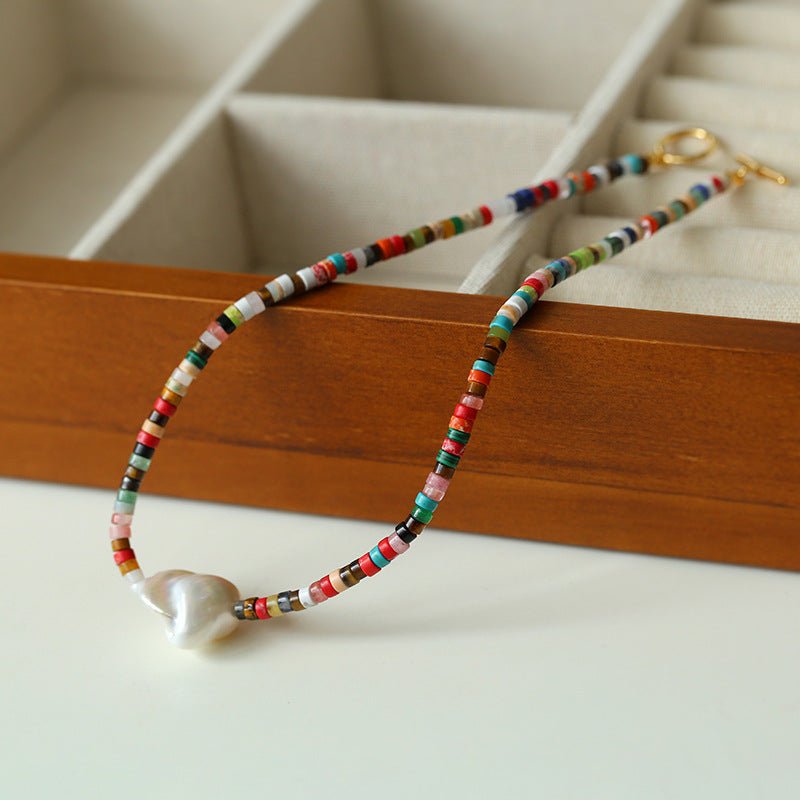 Rainbow Natural Stone Beaded Necklace with Baroque Pearl - floysun