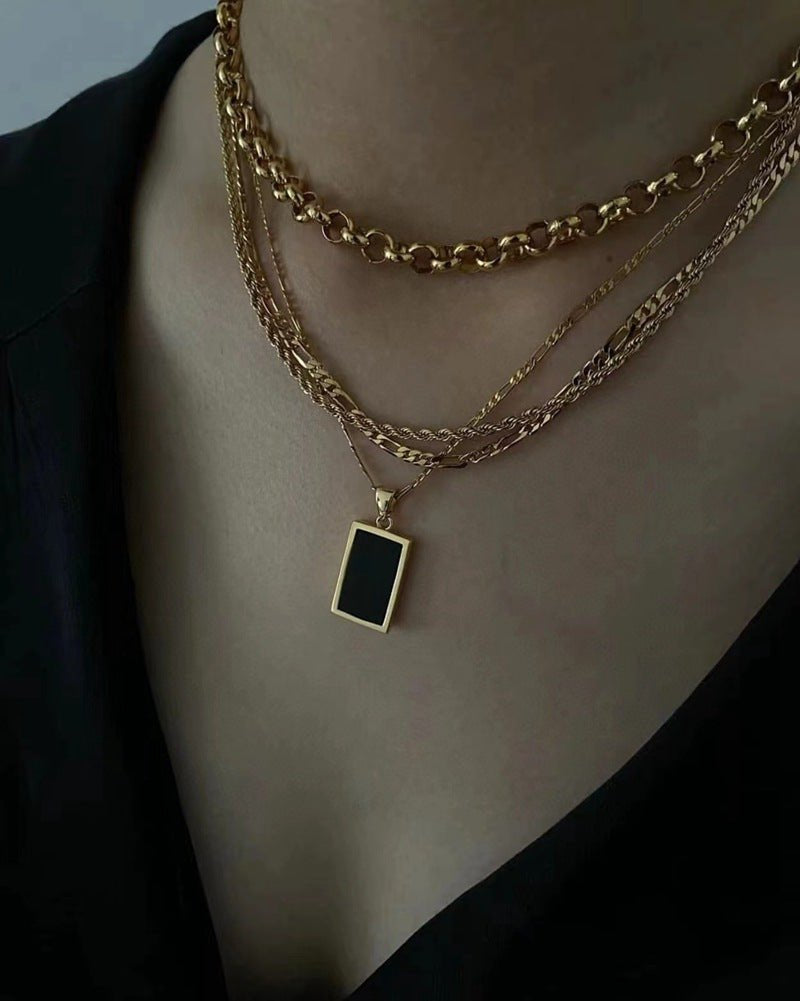 Rectangular Black Onyx Pendant Layering Necklace - floysun