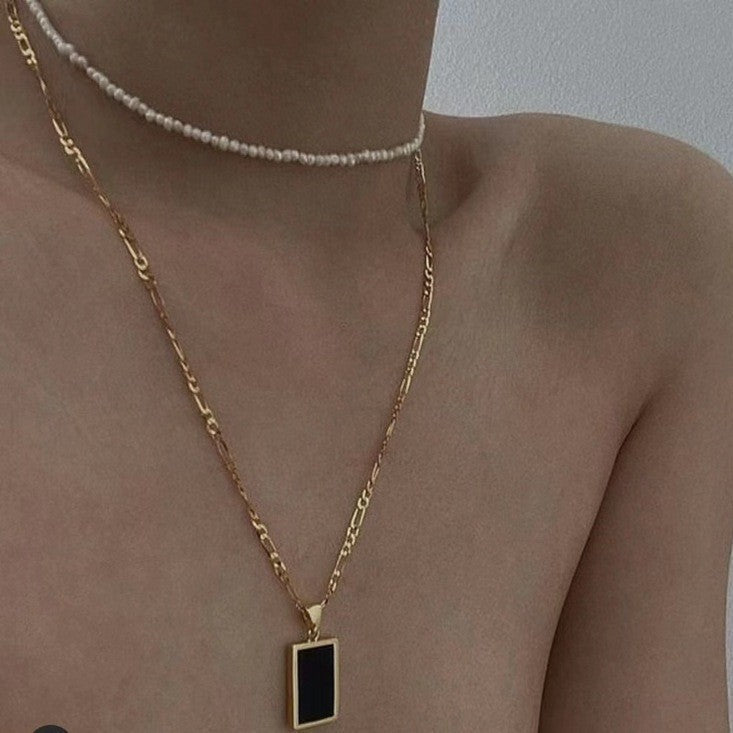 Rectangular Black Onyx Pendant Layering Necklace - floysun
