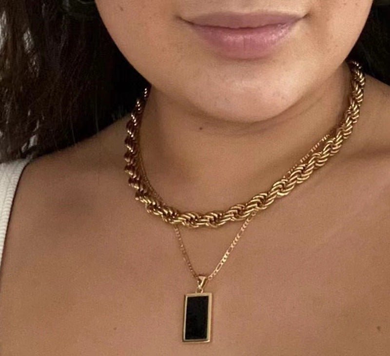 Rectangular Black Onyx Pendant Layering Necklace - floysun