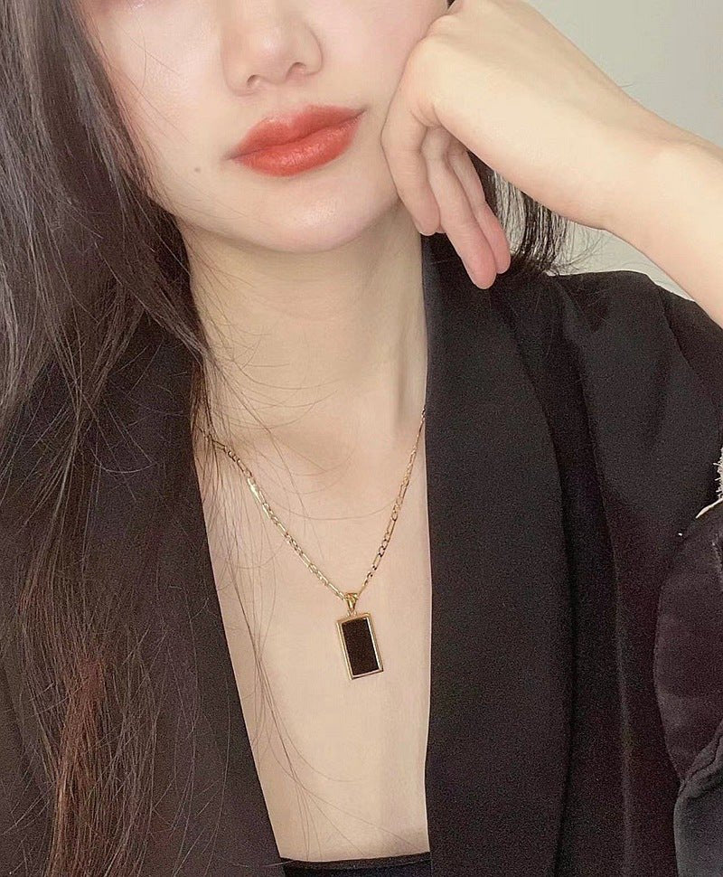Rectangular Black Onyx Pendant Layering Necklace - floysun