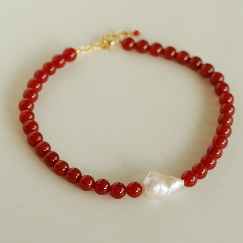 Red Agate & Baroque Pearl Necklace - floysun