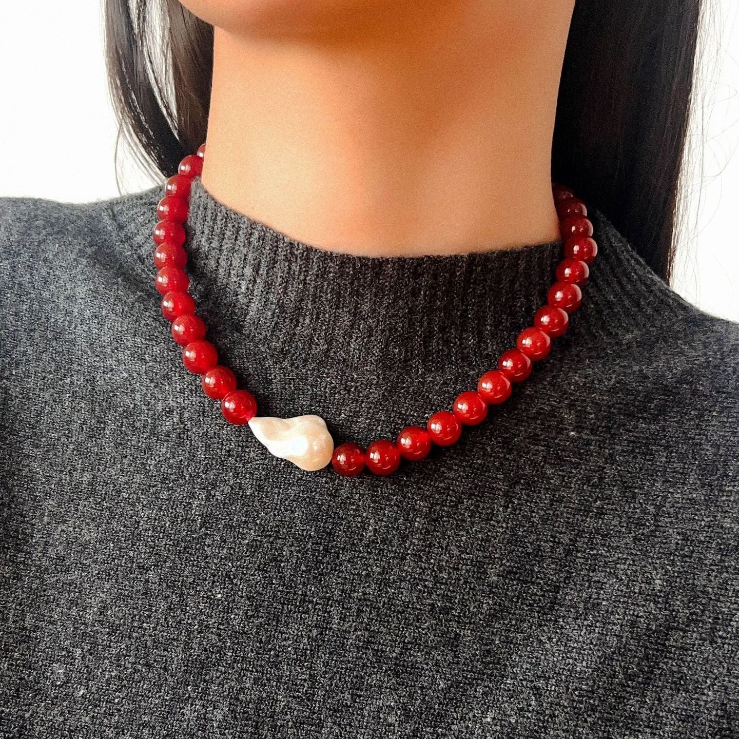 Red Agate & Baroque Pearl Necklace - floysun