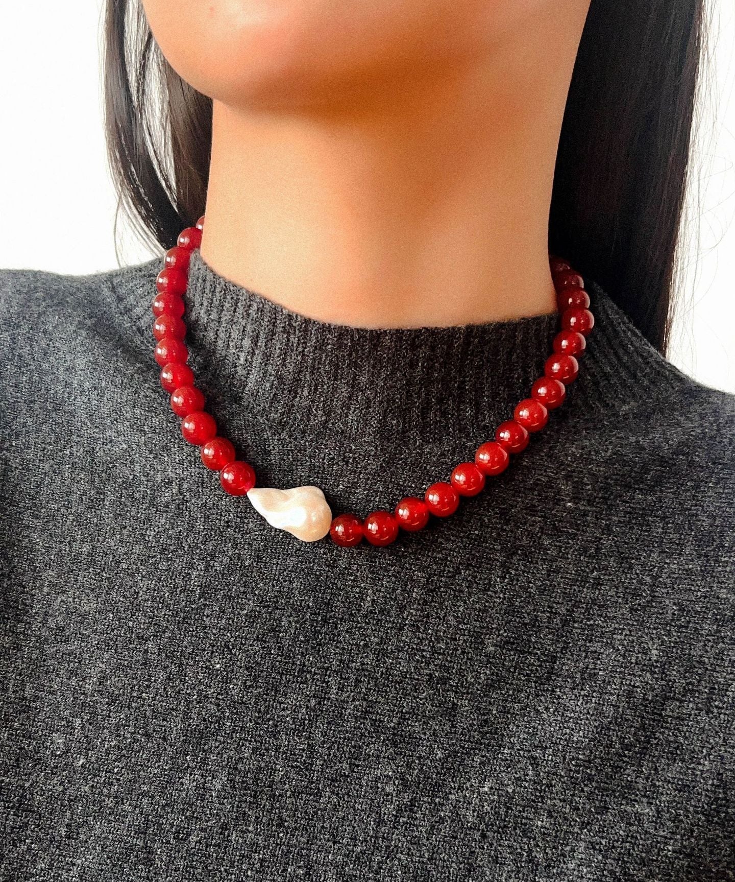 Red Agate & Baroque Pearl Necklace - floysun
