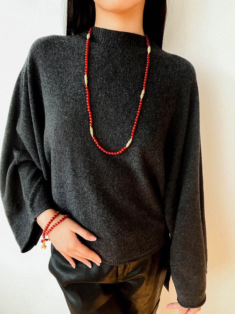 Red Agate & Clear Quartz Long Necklace with Sculptural Knot Detail - floysun