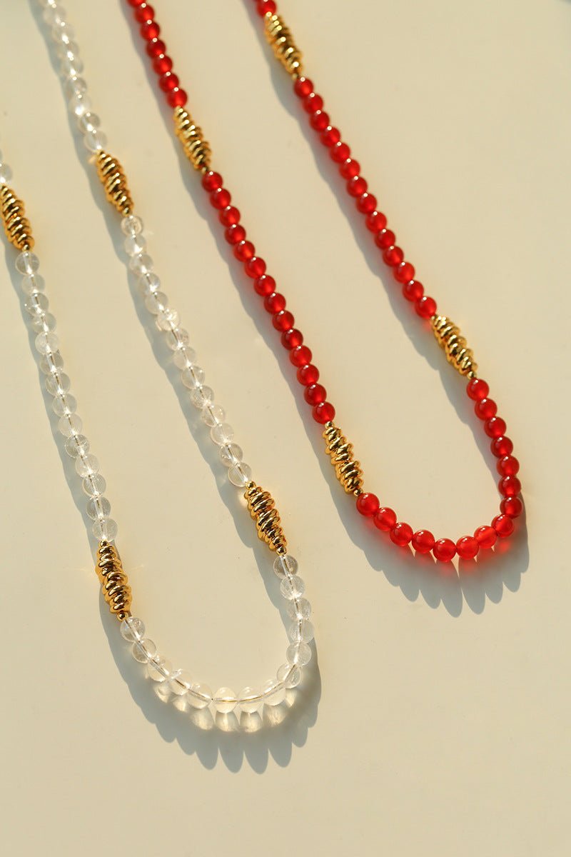 Red Agate & Clear Quartz Long Necklace with Sculptural Knot Detail - floysun