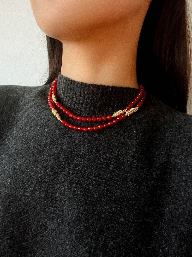 Red Agate & Clear Quartz Long Necklace with Sculptural Knot Detail - floysun