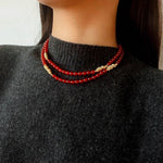 Red Agate & Clear Quartz Long Necklace with Sculptural Knot Detail - floysun