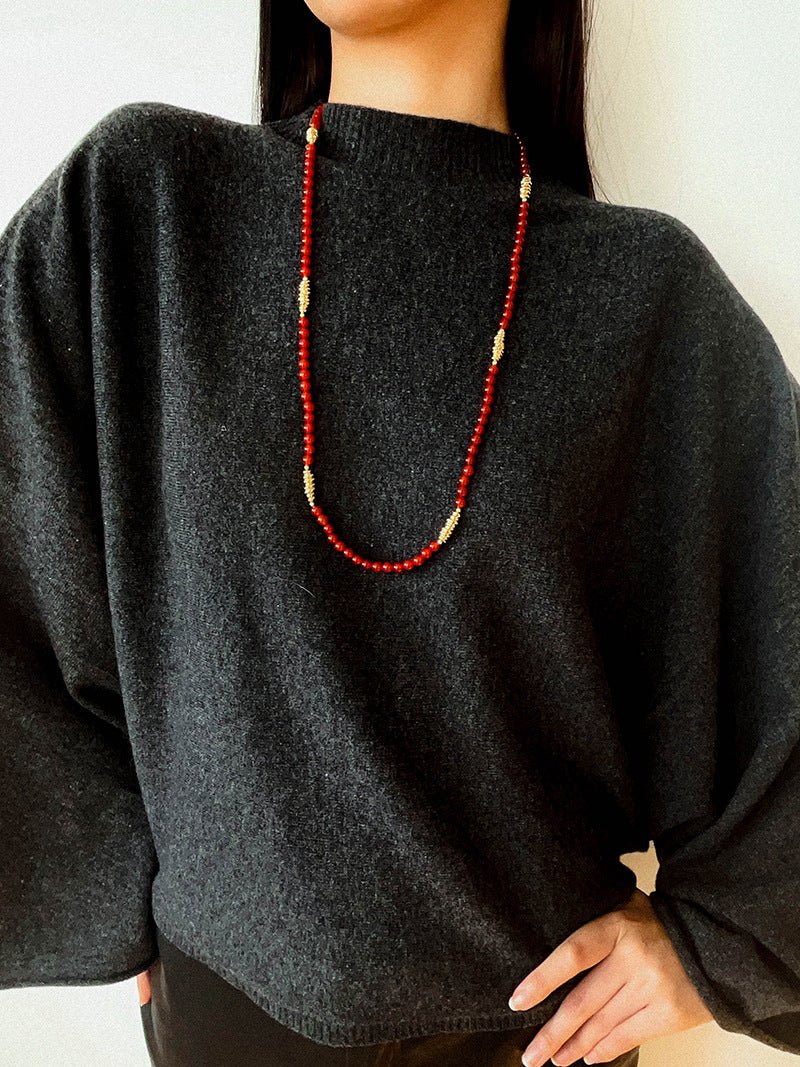 Red Agate & Clear Quartz Long Necklace with Sculptural Knot Detail - floysun