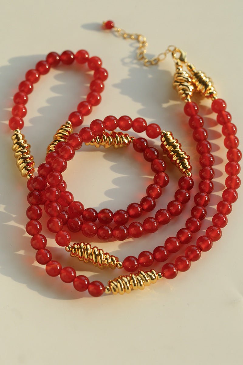 Red Agate & Clear Quartz Long Necklace with Sculptural Knot Detail - floysun