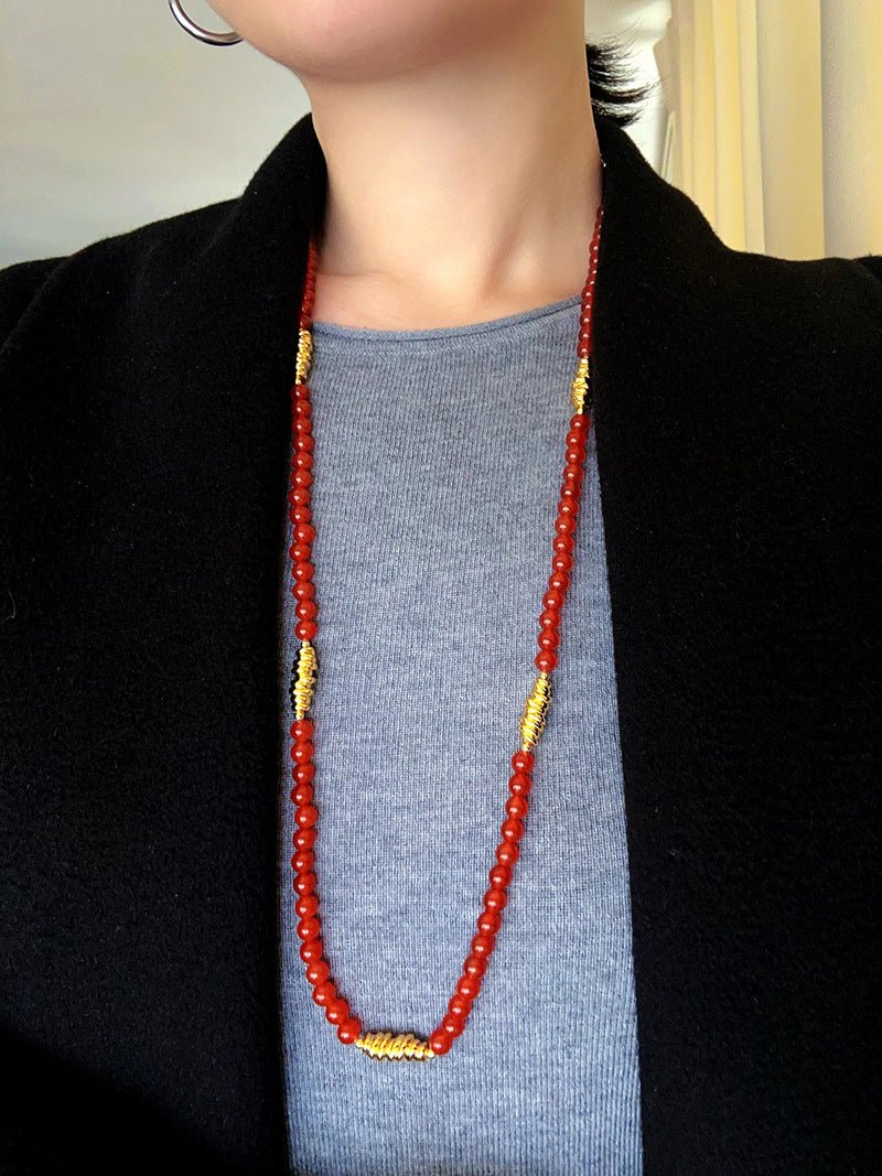 Red Agate & Clear Quartz Long Necklace with Sculptural Knot Detail - floysun