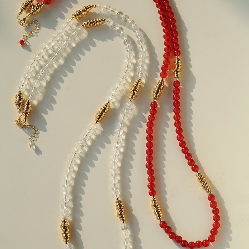 Red Agate & Clear Quartz Long Necklace with Sculptural Knot Detail - floysun