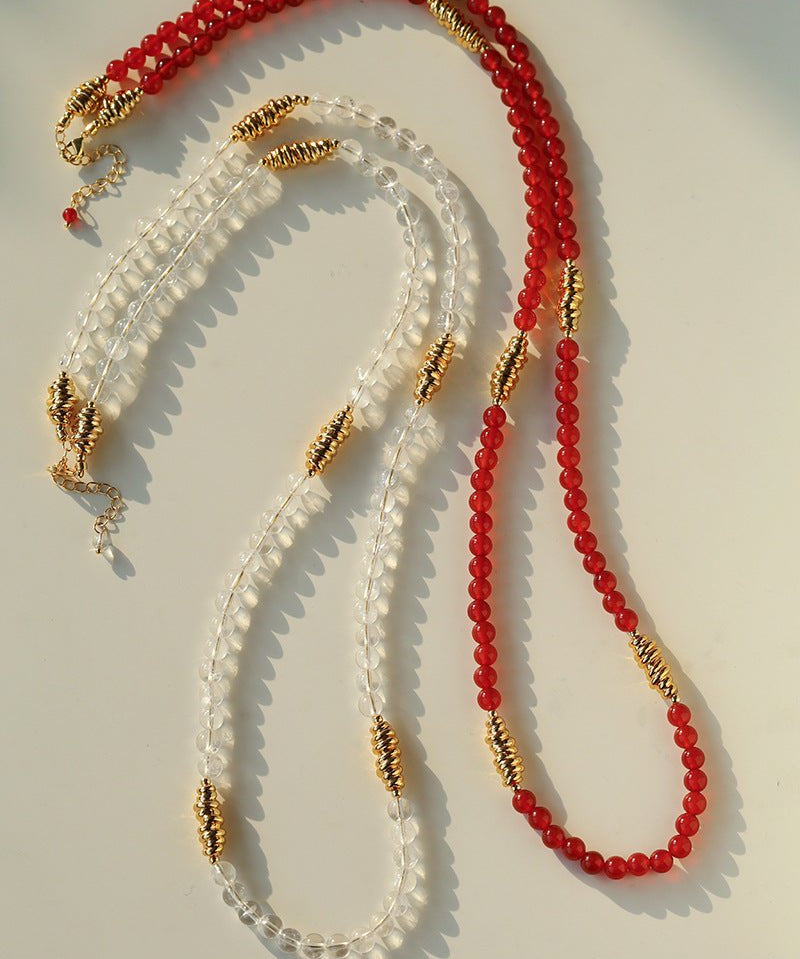 Red Agate & Clear Quartz Long Necklace with Sculptural Knot Detail - floysun