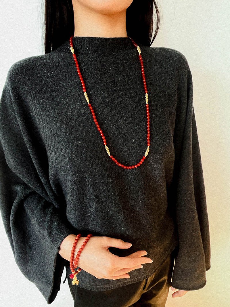 Red Agate & Clear Quartz Long Necklace with Sculptural Knot Detail - floysun