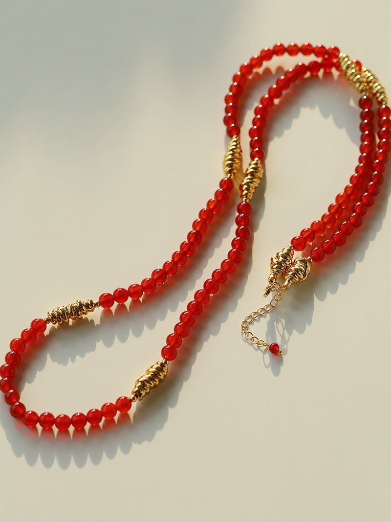 Red Agate & Clear Quartz Long Necklace with Sculptural Knot Detail - floysun
