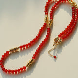 Red Agate & Clear Quartz Long Necklace with Sculptural Knot Detail - floysun